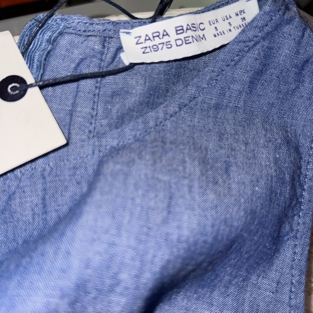 NWT ZARA Denim Ruffle Playsuit Romper Mini Crew Chambray Light Blue Cotton Linen - Picture 4 of 7